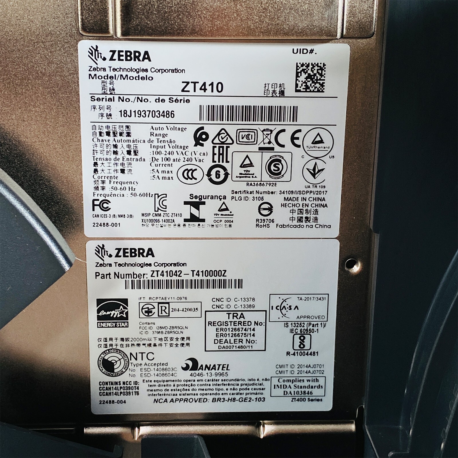 Zebra ZT410 Thermal Transfer Label Printer Peel Rewind BT LAN USB 1 YR WARRANTY