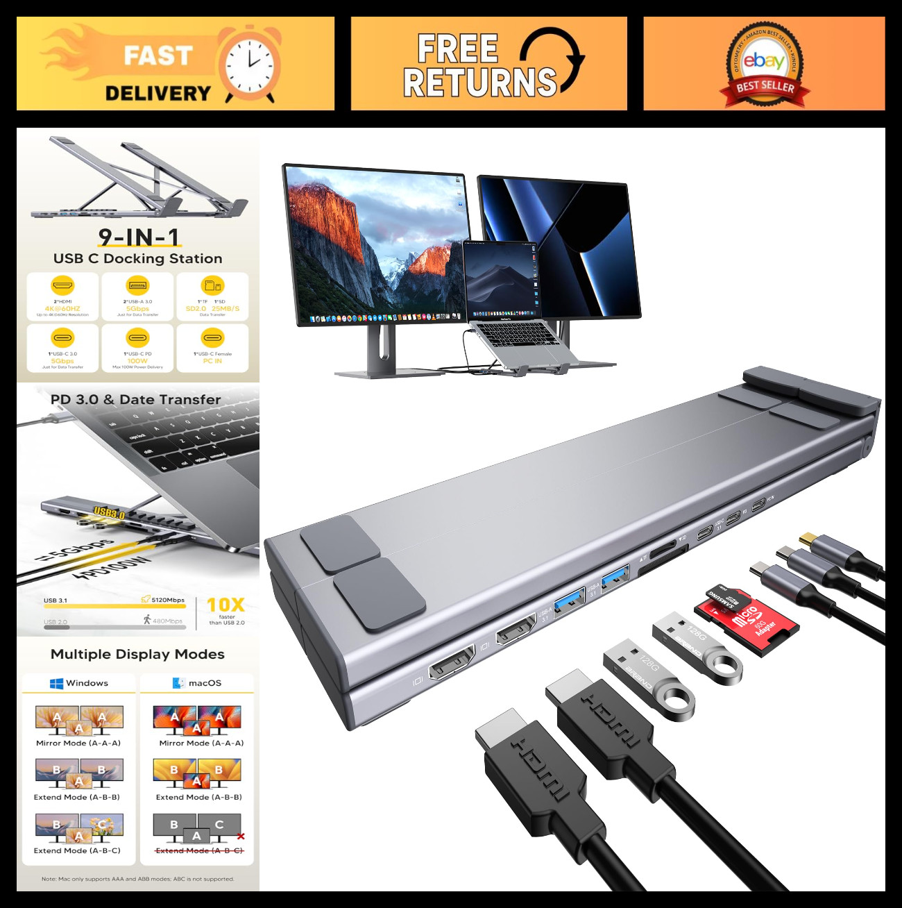 9-in-1 USB C Docking Station, Dual 4K@60Hz HDMI, PD 100W, Universal Hub for Lapt