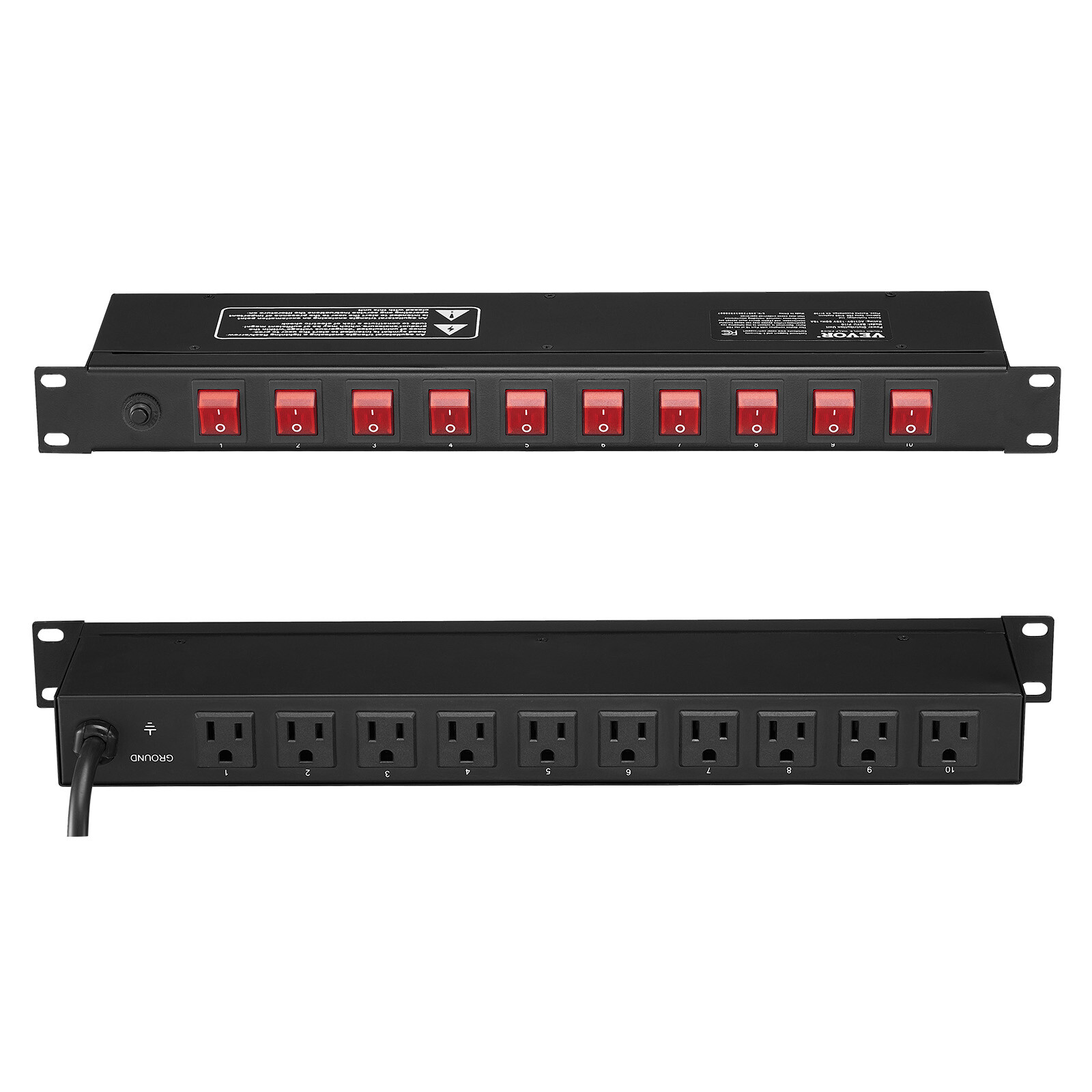 VEVOR 19″ 1U PDU 10 Outlets 15A 125V Rack Mount Power Strip Surge Protection