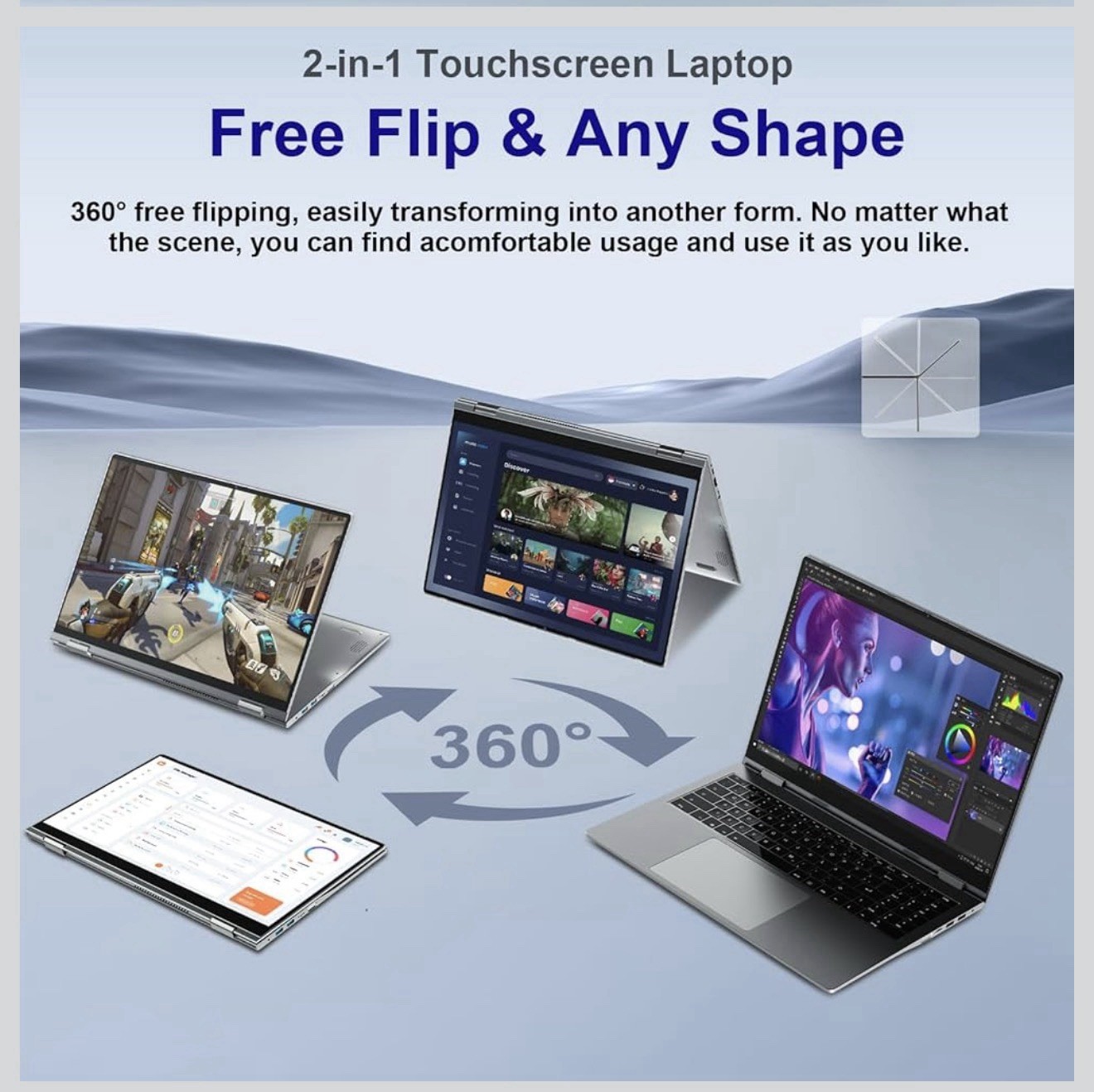 16 inch Convertible Laptop, N95 Quad Core 16GB DDR5 RAM 640GB Storage, Wifi6