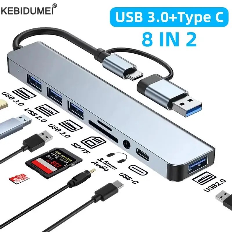 8-in-2 USB Type-C Hub Docking Station Audio Jack Micro SD Reader Adapter