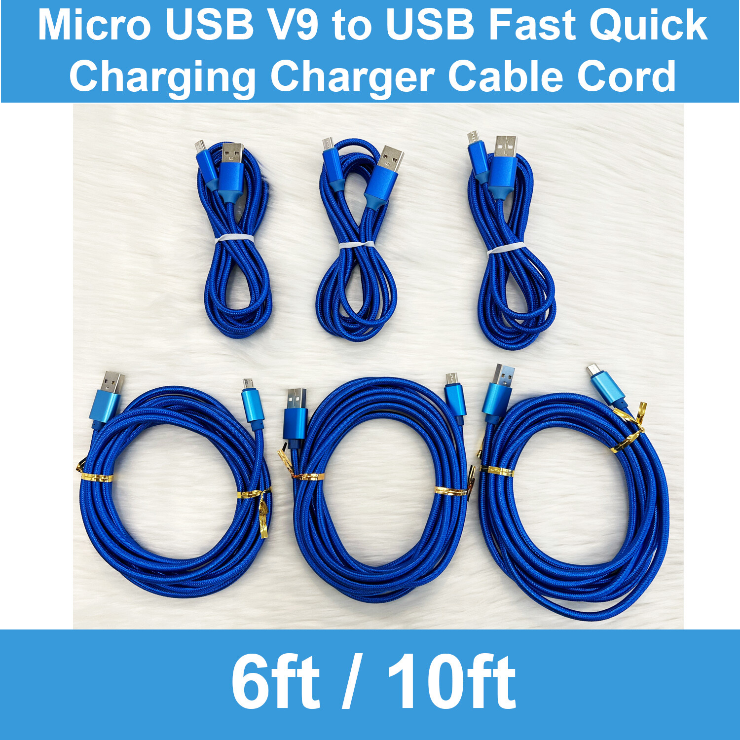 3 Pack 6ft 10ft Micro USB V9 to USB Fast Quick Charging Charger Cable Cord Blue