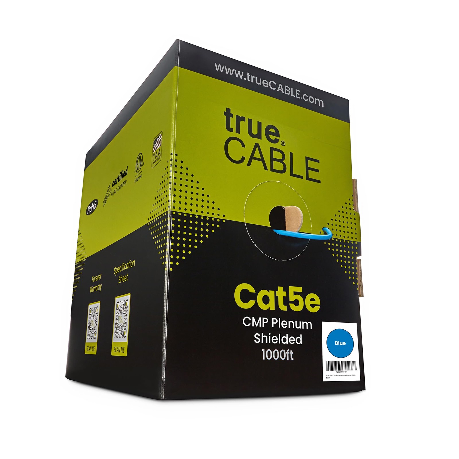 trueCABLE Cat5e Shielded Riser CMR, 1000ft, Blue, 24AWG Solid Bare Copper, 35…