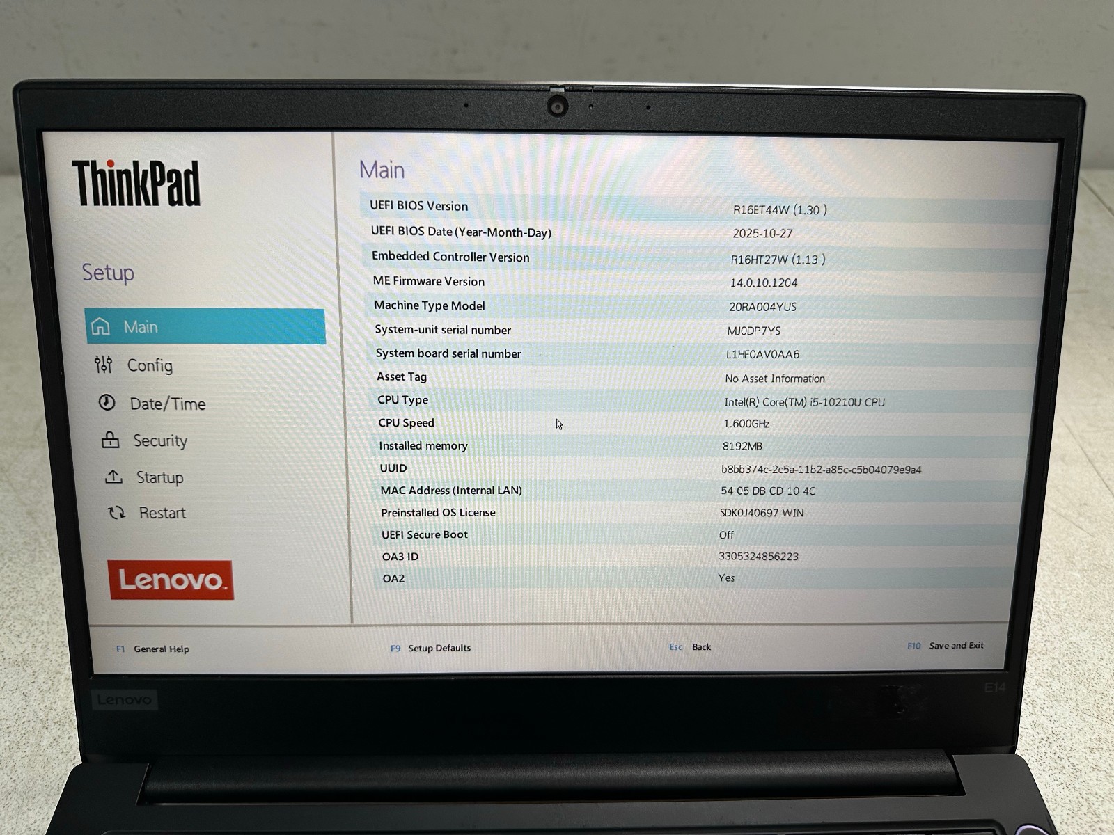 Lenovo ThinkPad E14 (i5-10210U @ 1.60, 8GB RAM, Boot to Bio) NO HD/ADAPTER