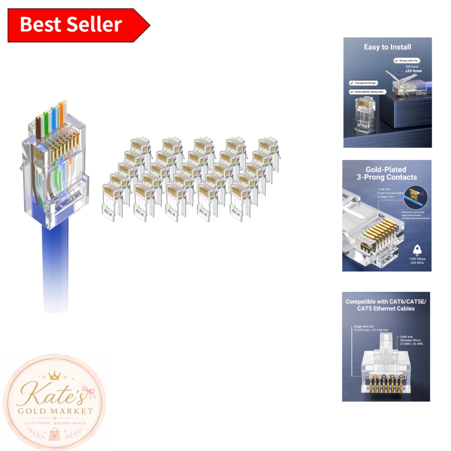 Gold-Plated Cat6 RJ45 Connectors – 25-Pack, 10Gbps Data Transfer for All Devices