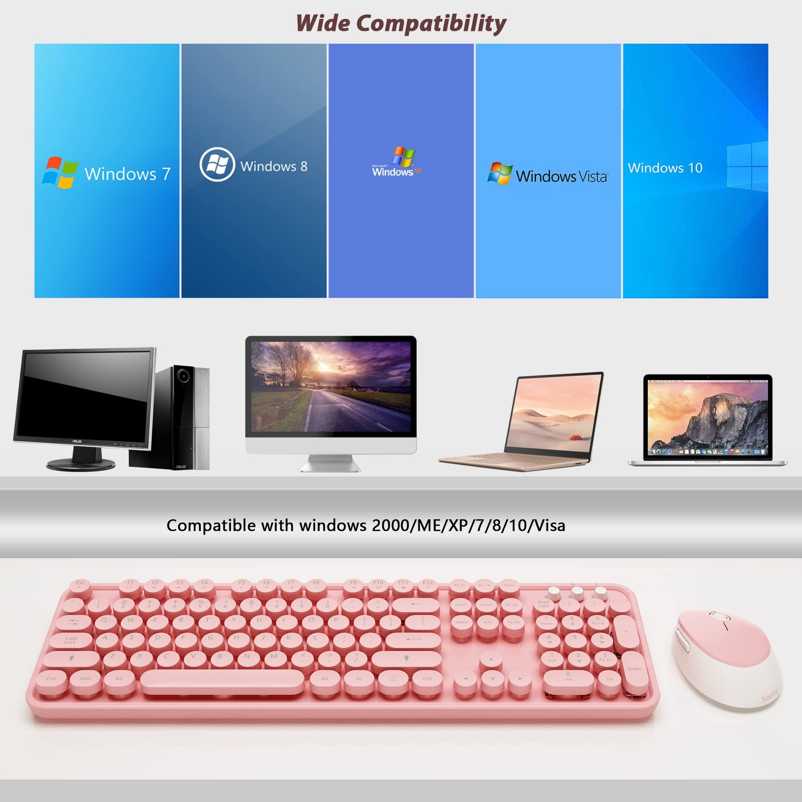 Pink White Wireless Keyboard and Mouse Combo Retro Round Keycaps 104 Key