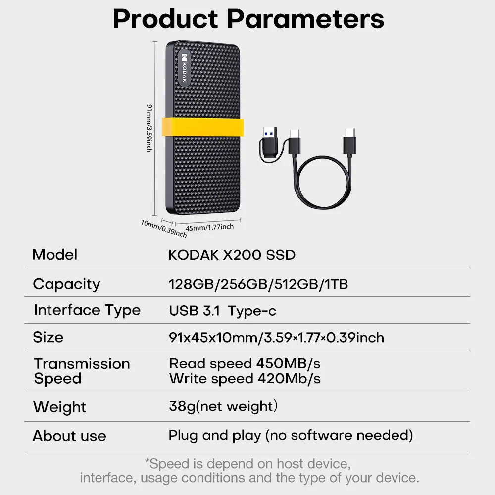 Kodak Portable SSD External Solid State Drives Hard Disk 256gb 512gb 1tb 450MB/s