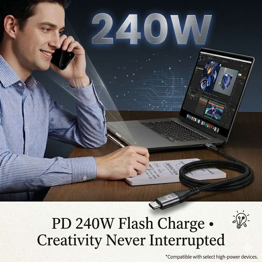 80Gbps Thunderbolt 5 Cable 240W PD Braided 16K Video USB-C to USB-C for Mac PC