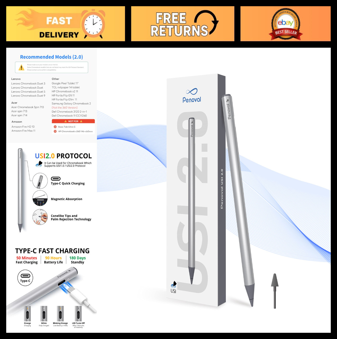 Stylus Pen for Chromebooks – 4096 Levels Pressure Sensitivity for Lenovo, ASUS,