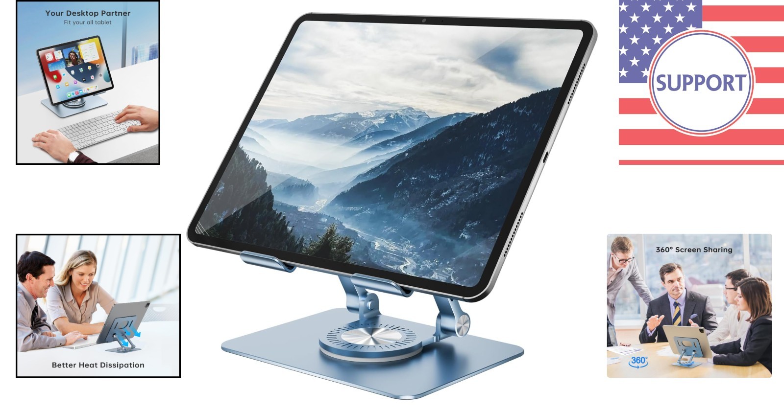Universal Tablet Stand with Adjustable Height & 360° Swivel Base – Blue Elegance