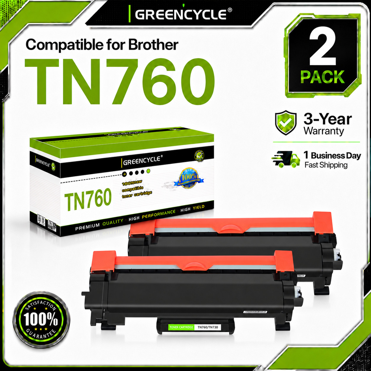 2PK TN760 Toner Cartridge Compatible for Brother MFC-L2710DW HL-L2350DW 2325DW