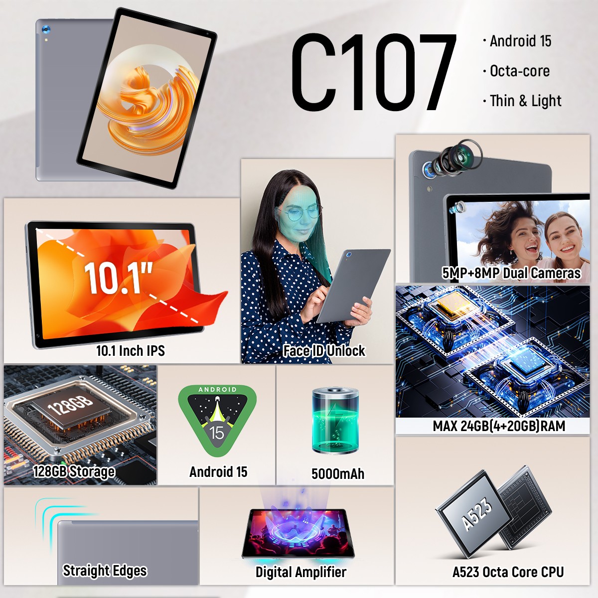 2025 10.1″ Android Tablet 10+128GB IPS Touchscreen Octa-core Processor Wi-Fi 6