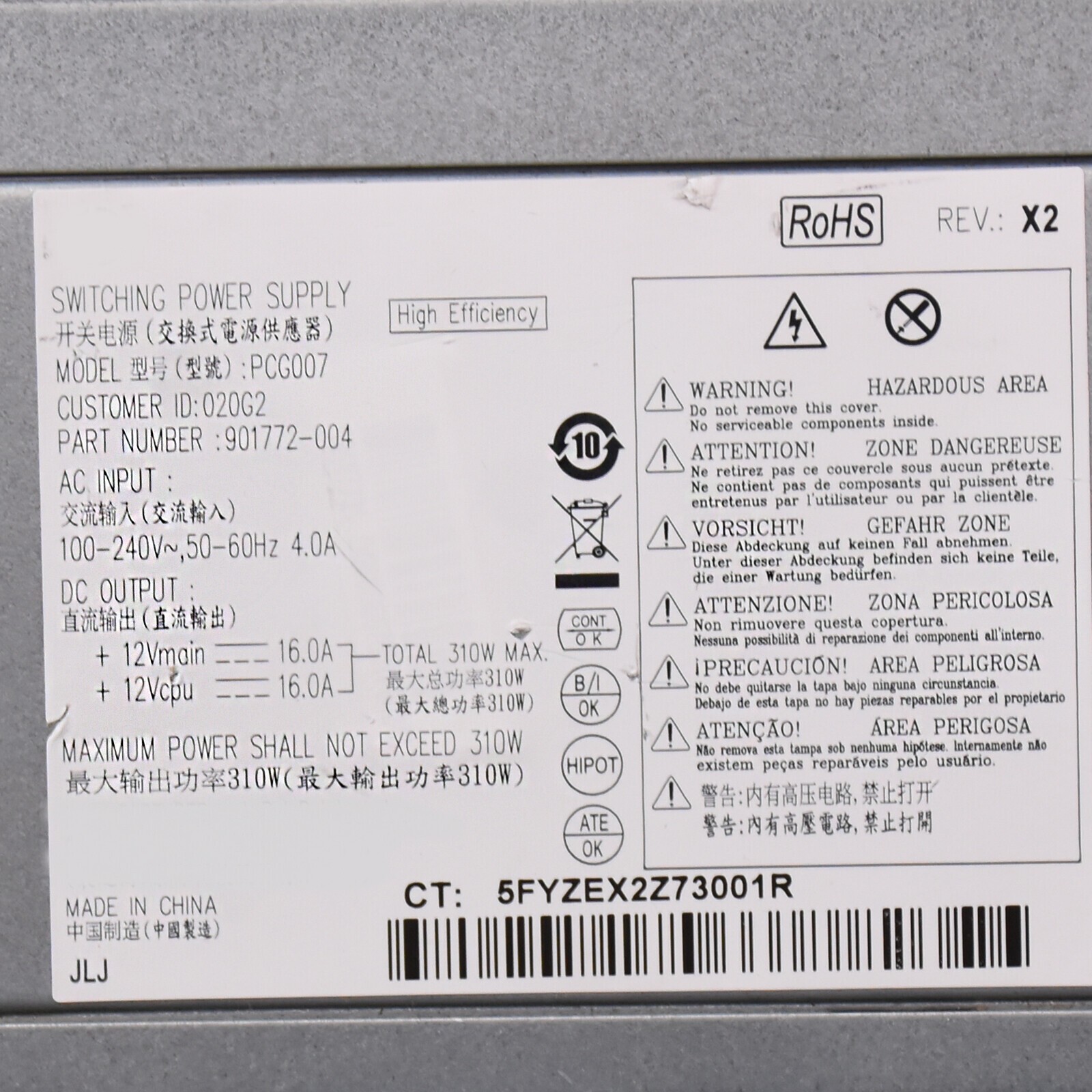 For HP 280 288 800 600 G3 MT Power Supply PCG007 901772-001 002 003 004 310W
