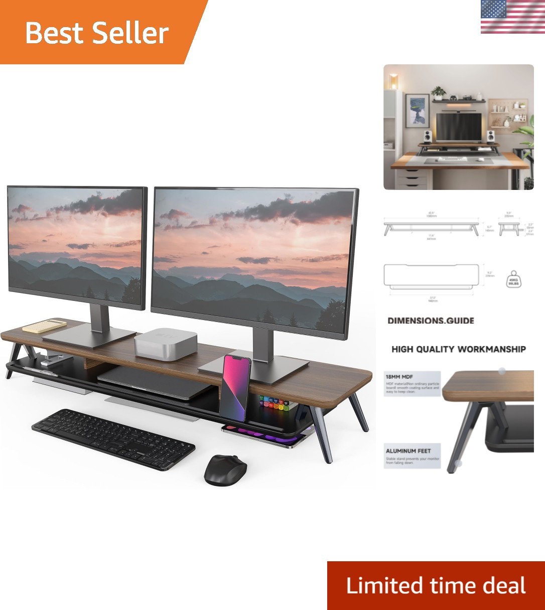 Dual Monitor Stand, Monitor Stands Riser for 2 monitors, 42.5 Inch Wood Desk …