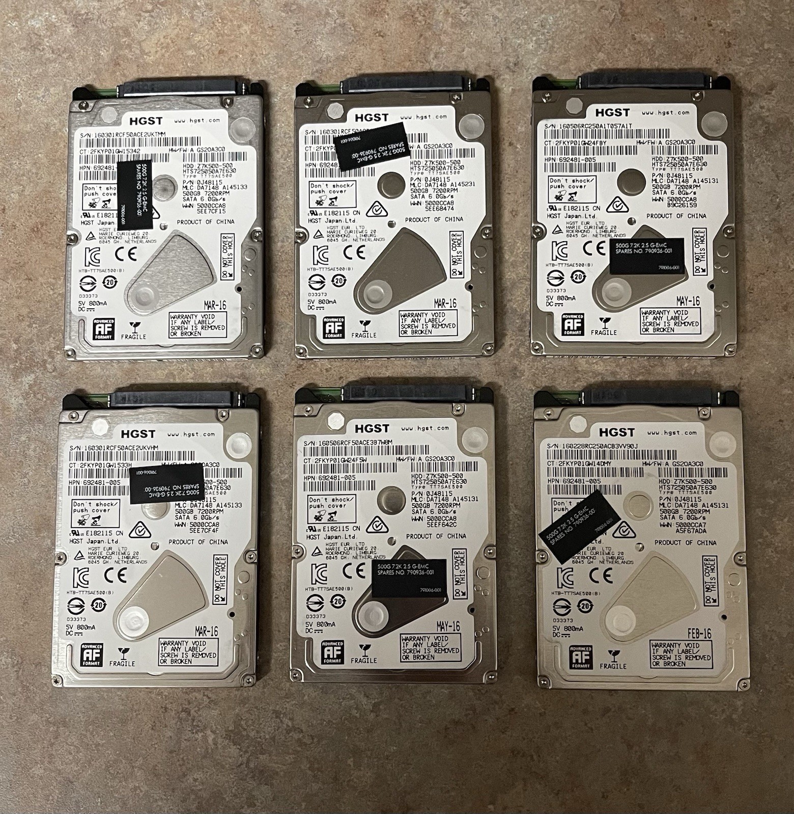 Lot of 6 – HGST Z7K500-500 HTS725050A7E630 500GB 2.5″ SATA 7200RPM Hard Drives