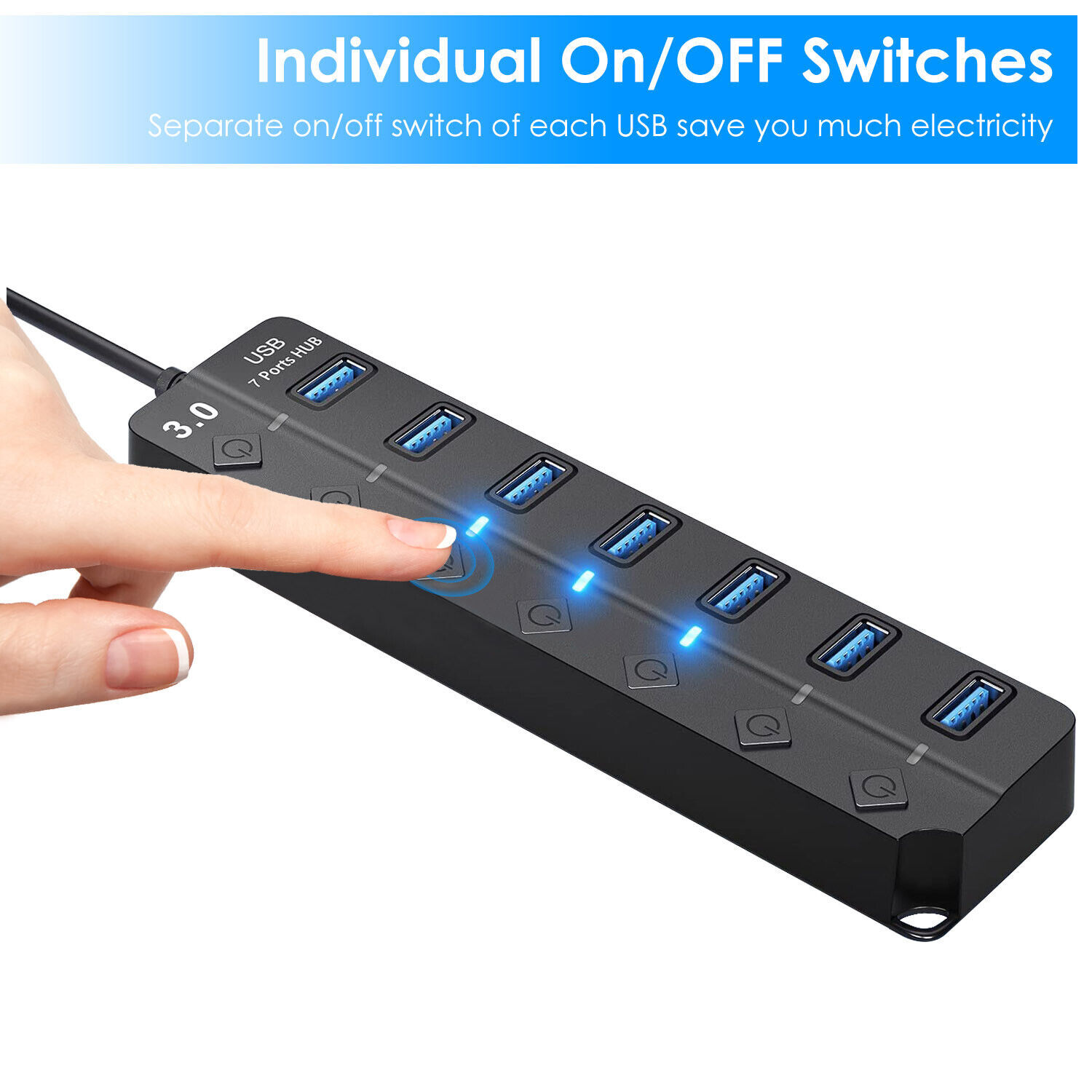 7 Port USB 3.0 Hub Splitter Adapter On/Off Switch High Speed For PC Laptop Mac