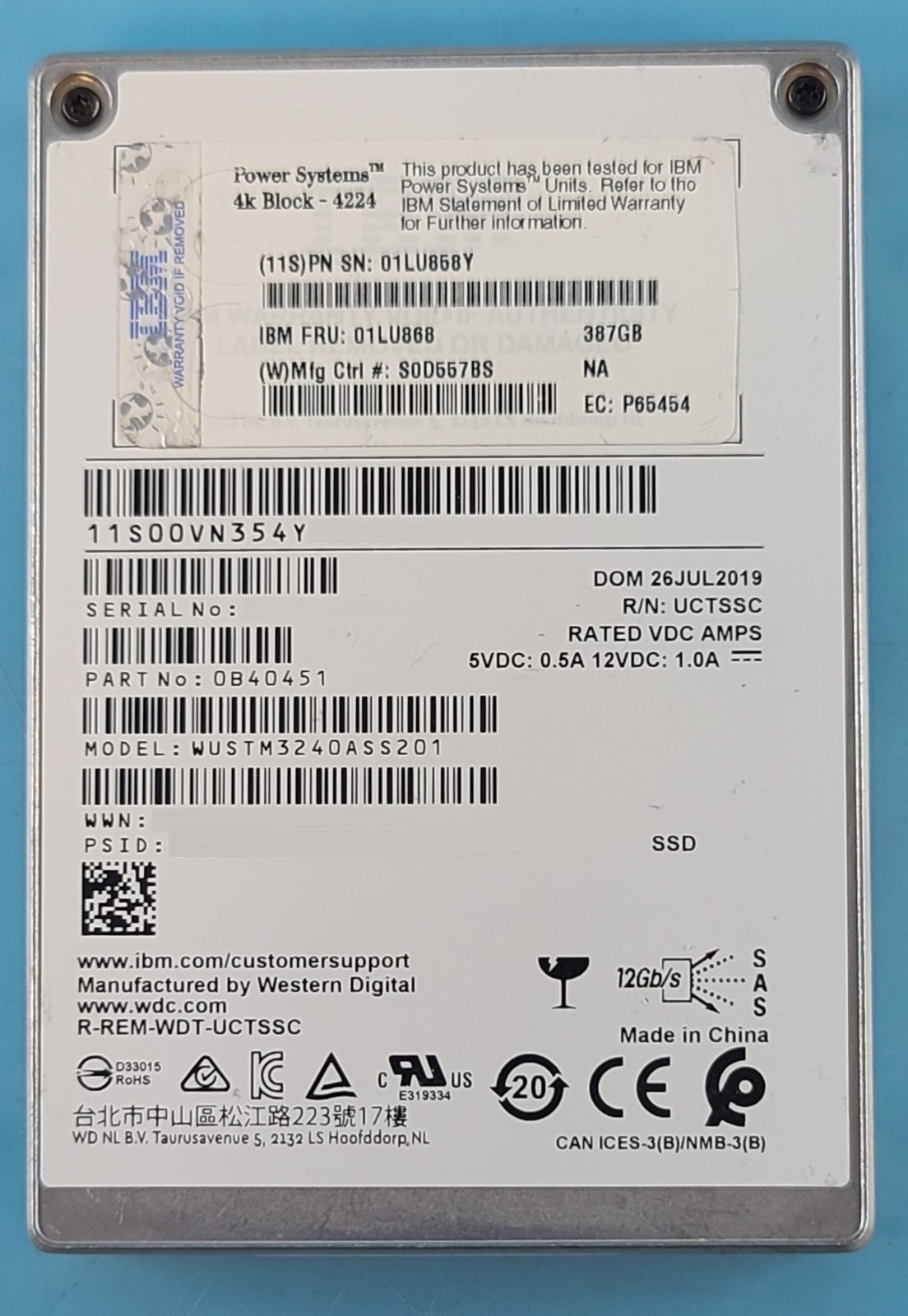 WD DC SS530 WUSTM3240ASS201 IBM 01LU868 SSD 400GB 15mm 2.5 SAS-3 12.0 528/4224