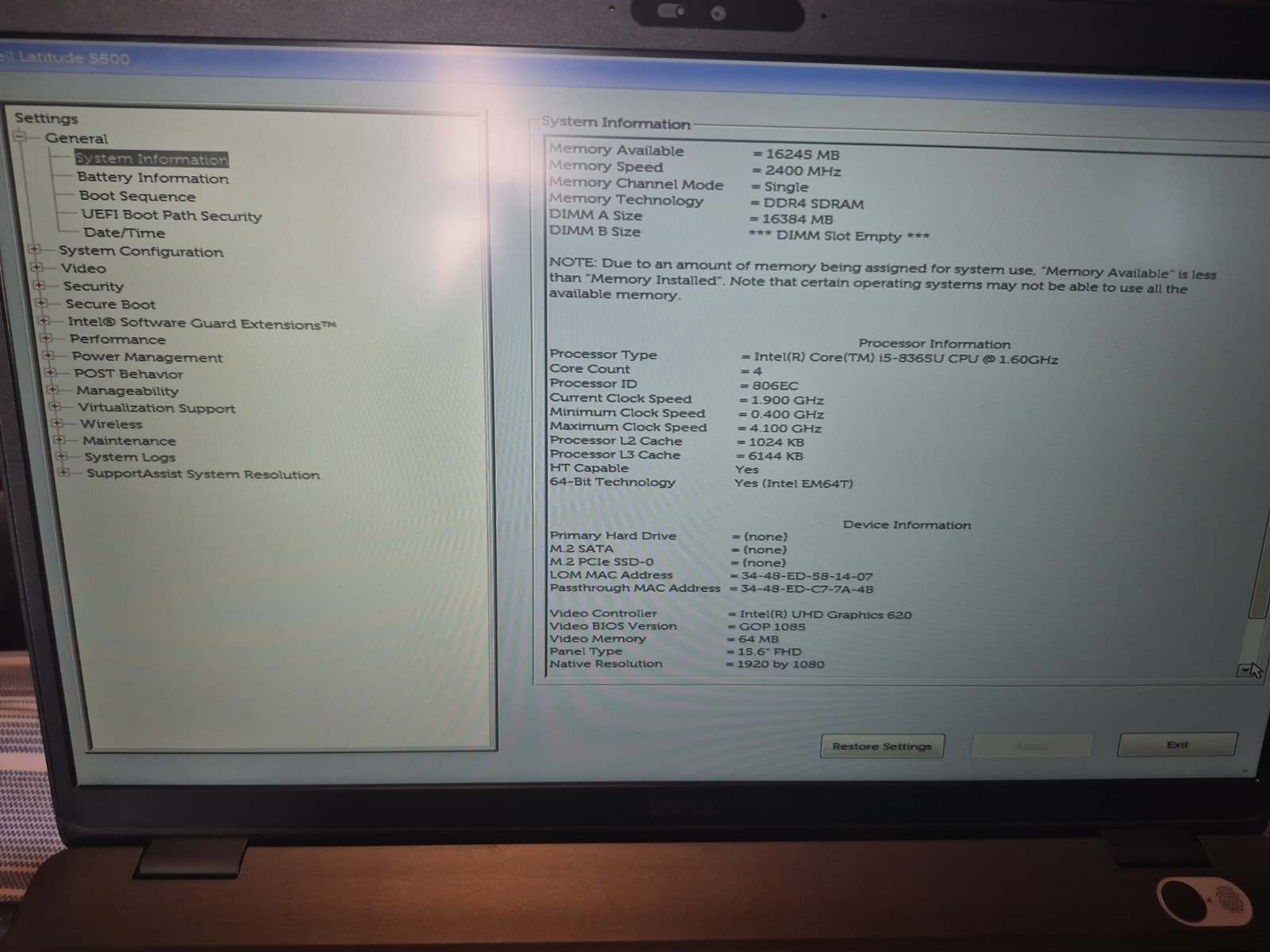 Dell Latitude 5500 Intel core i5-8365U @1.60GHz 16GB RAM NO DRIVE