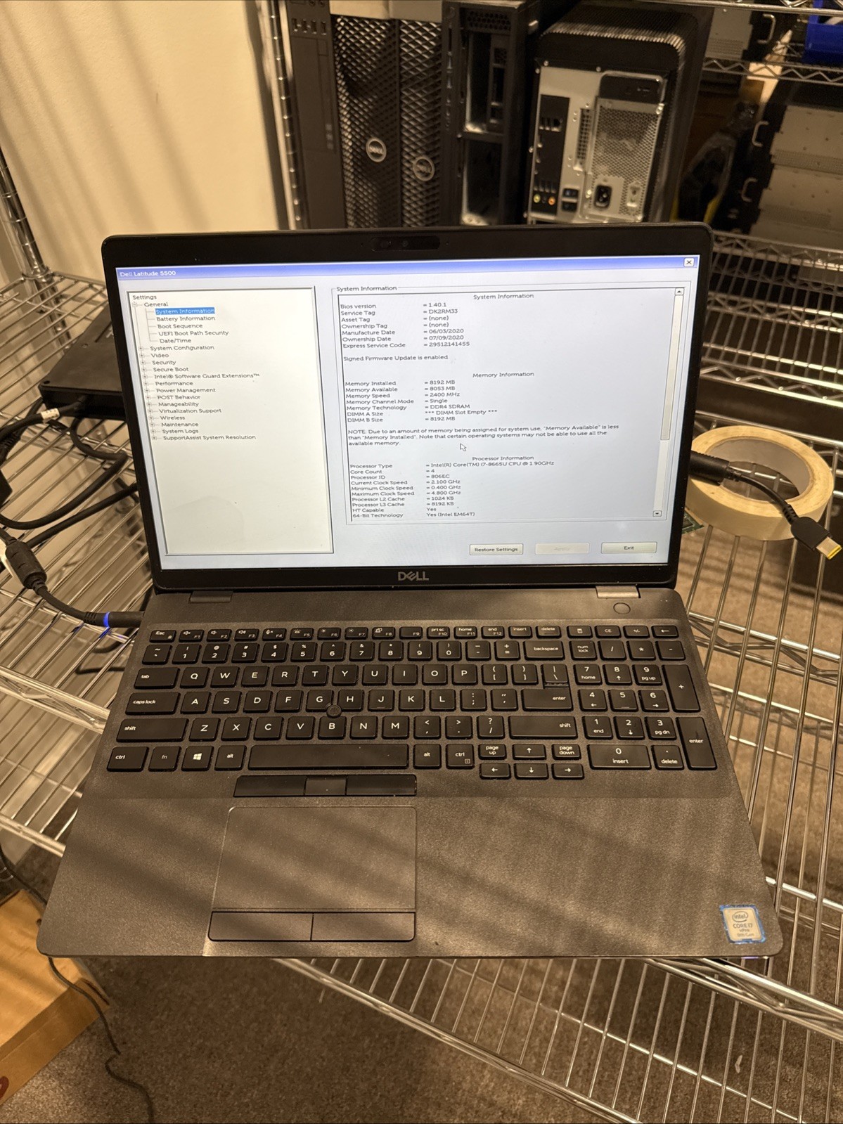 Dell Latitude 5500, Intel Core i7-8665U @1.90Ghz, 8GB RAM, NO SSD/OS, Tested!