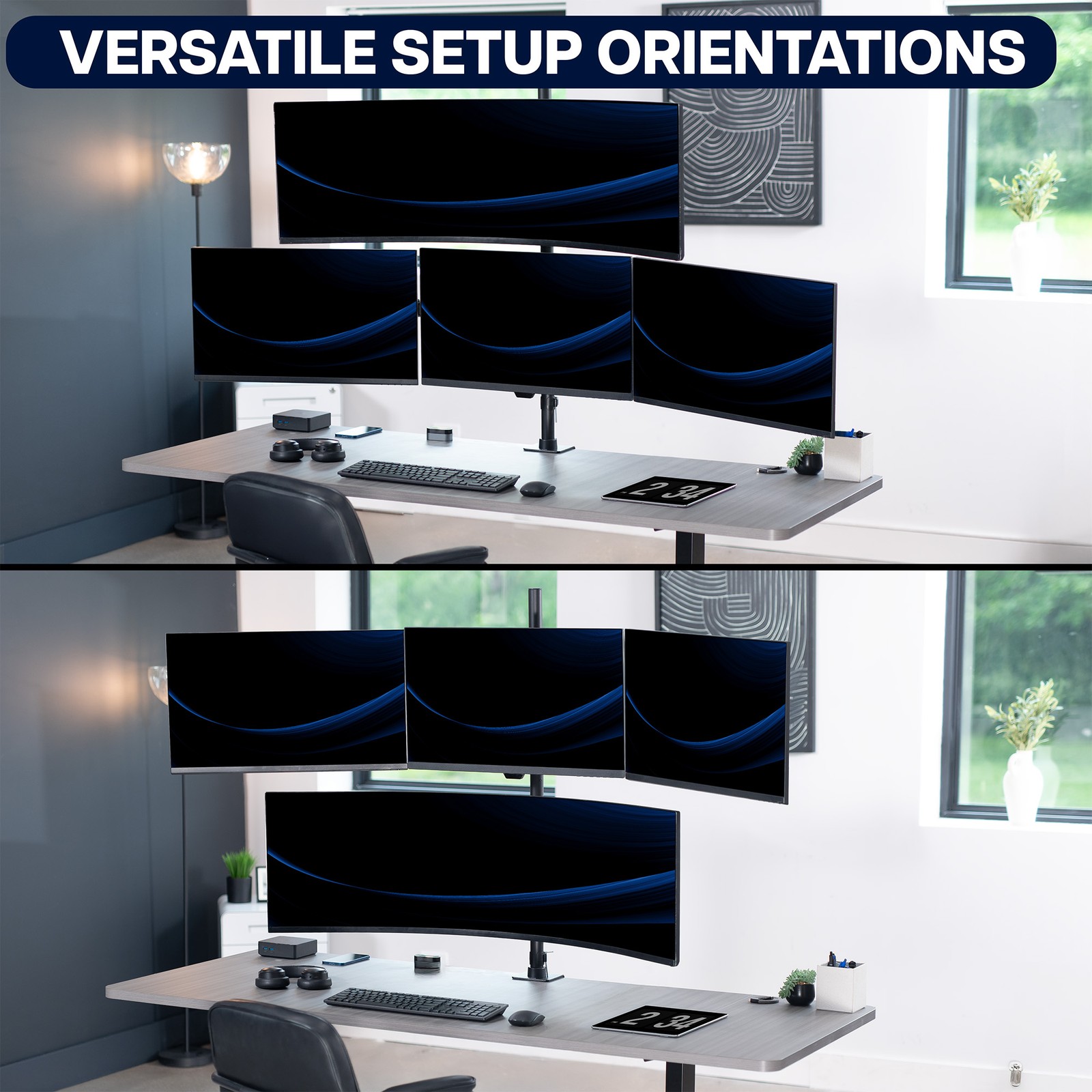 VIVO Quad Computer Monitor Desk Mount, 1 Ultrawide to 49″, 3 Standard to 27″