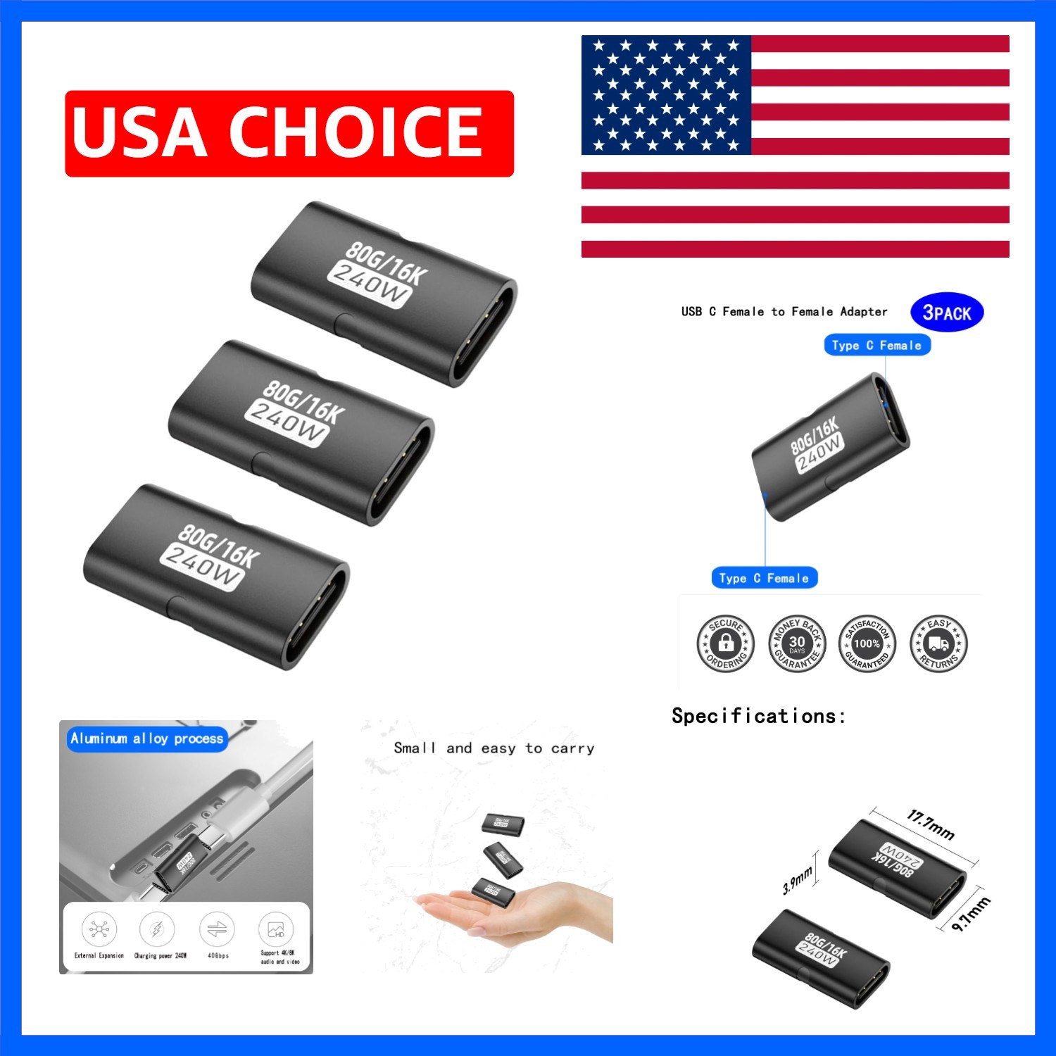 USB C Female to Female Adapter Type C Coupler with PD 240W 40 Gbps 8K/60hz Vi…