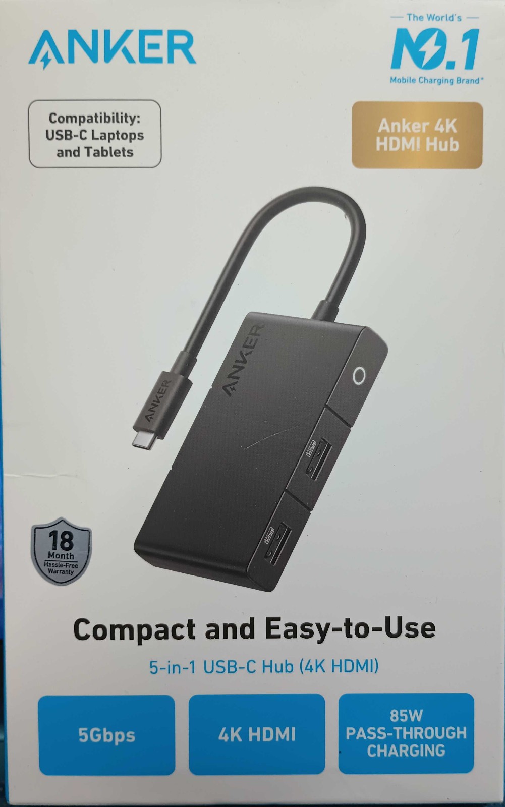 Anker 332 5-in-1 USB-C Hub: USB Splitter with 3 Ports, 5 Gbps Data Transfer Rate