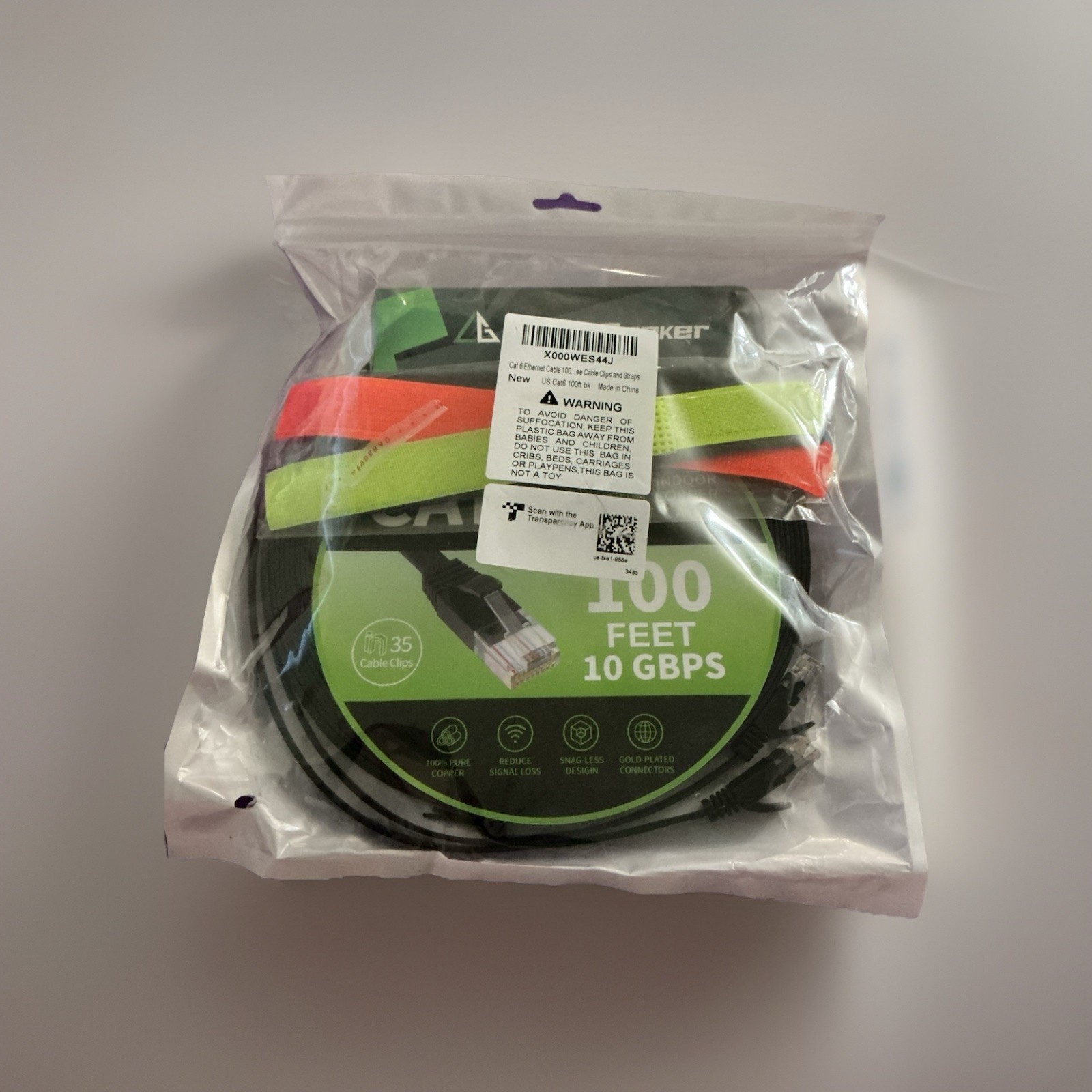 CableGeeker Cat 6 Ethernet Patch Cable 100 ft Flat 10 Gbps Gold-Plated Black