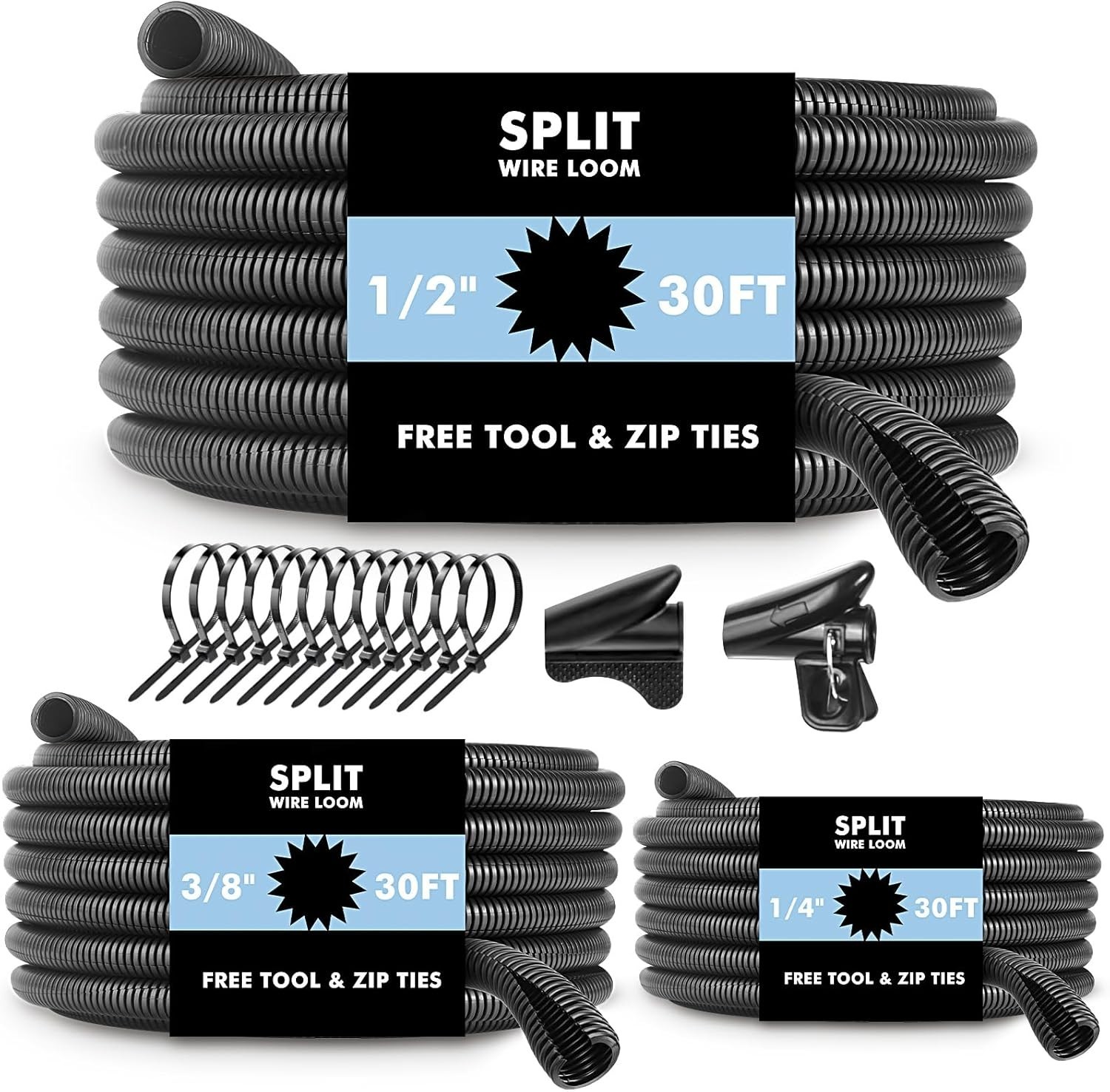 Automotive Wire Loom Flame Retardant Split 1/4, 1/2, 3/8 Inch-30ft, Black