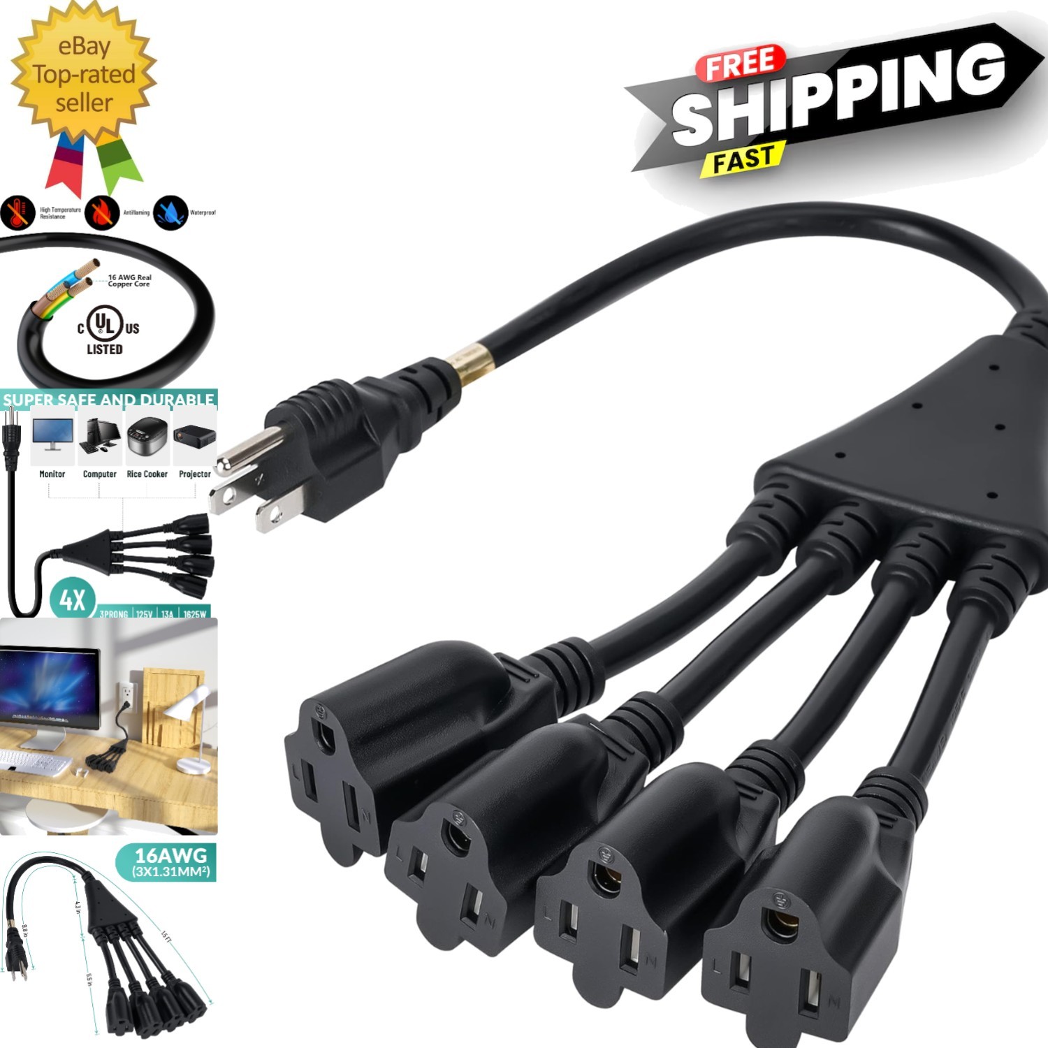 Efficient 4-Way Outlet Splitter – Heavy-Duty Black Extension Cable, 1.5 Ft