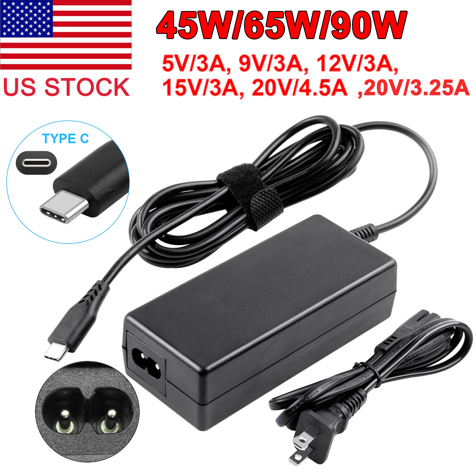 45/65/90W USB C Type C Laptop Charger for Chromebook Lenovo/Acer/Asus/Samsung/HP