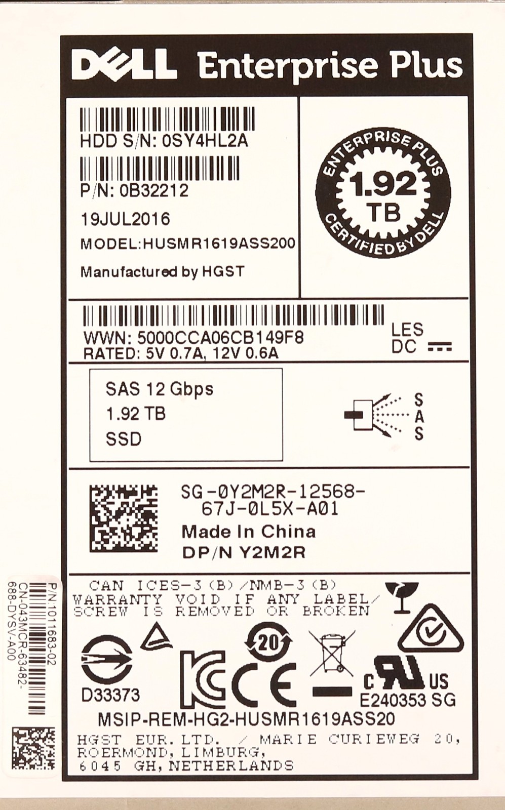 Dell HUSMR1619ASS200 1.92TB 2.5″ 12Gb/s Read-Intensive SAS SSD Dell P/N: 0Y2M2R