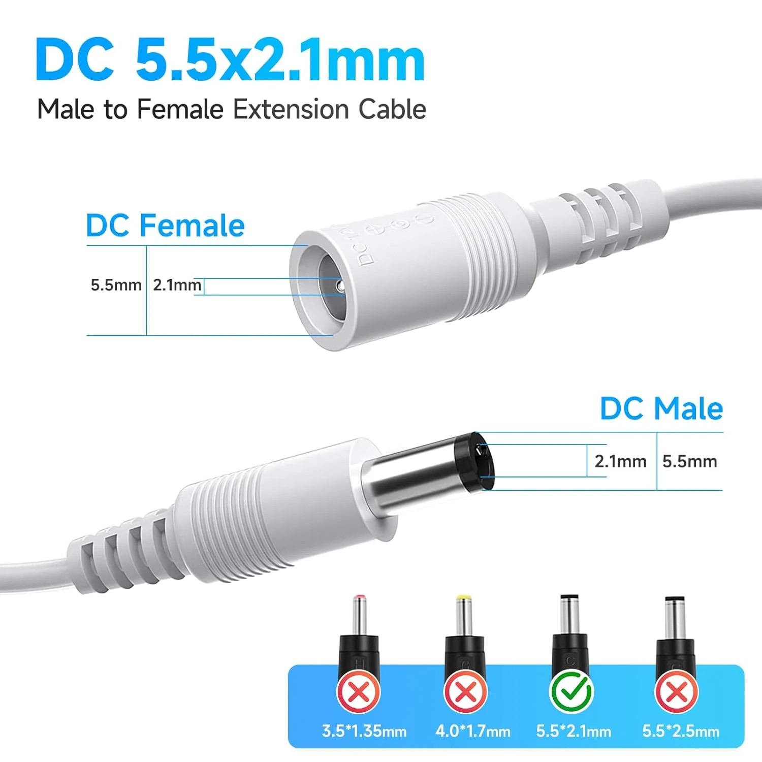 2 Pack 6ft 2M DC Power Extension Cable, Premium Pure Copper DC 12V Power Adapter