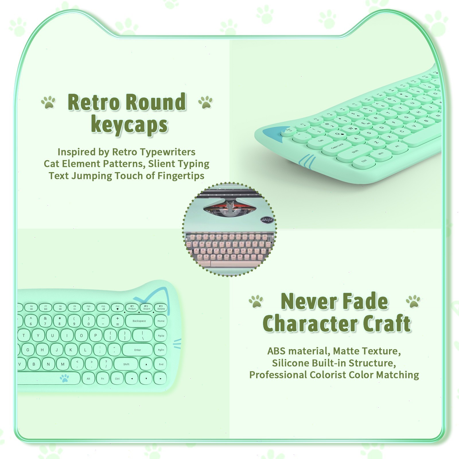 AJAZZ 3060i Cute Cat Ear Wireless Keyboard 84 Keys Silent Round Retro For PC Mac