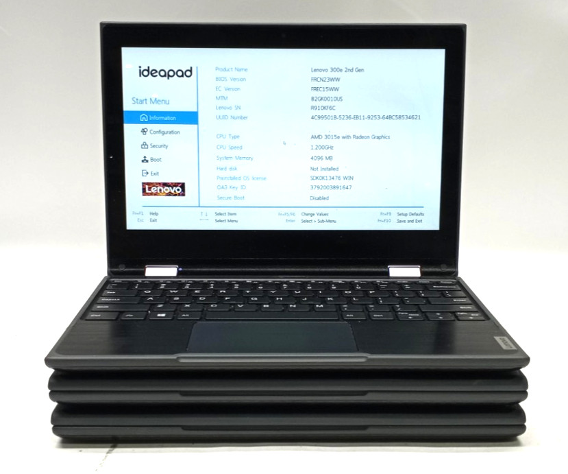Lot of 3 Lenovo 300e 2nd Gen TOUCH AMD 3015e@1.20GHz 8GB RAM NO HDD/OS TH077*!