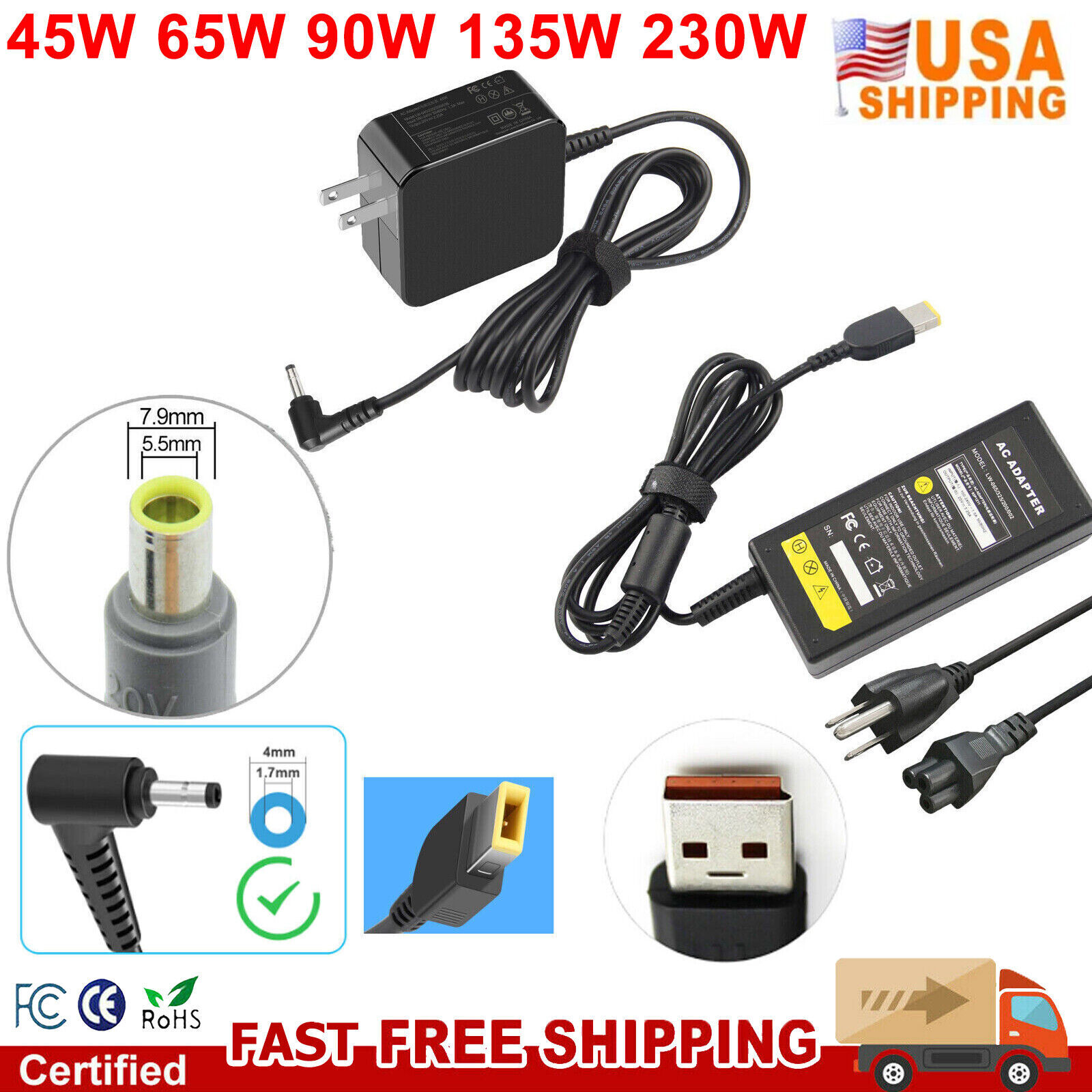 45W 65W 90W 135W 230W For Lenovo Laptop Charger Power Adapter Multiple Connector