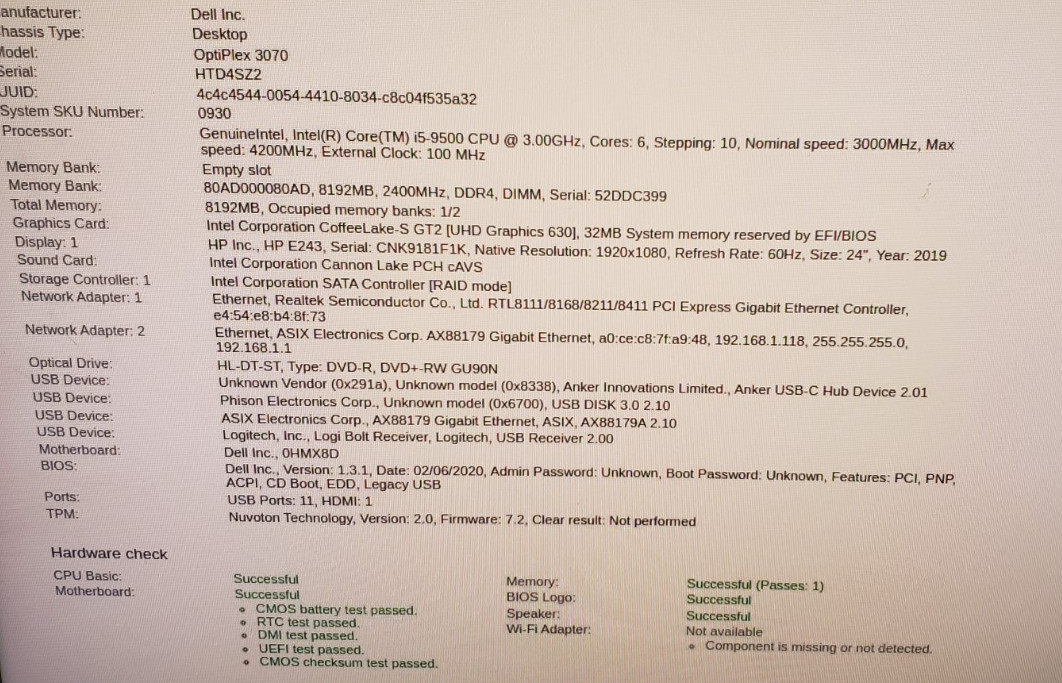 Dell OptiPlex 3070 Desktop MT Intel Core i5-9500 @ 3.00GHz 8GB RAM No HDD/SSD