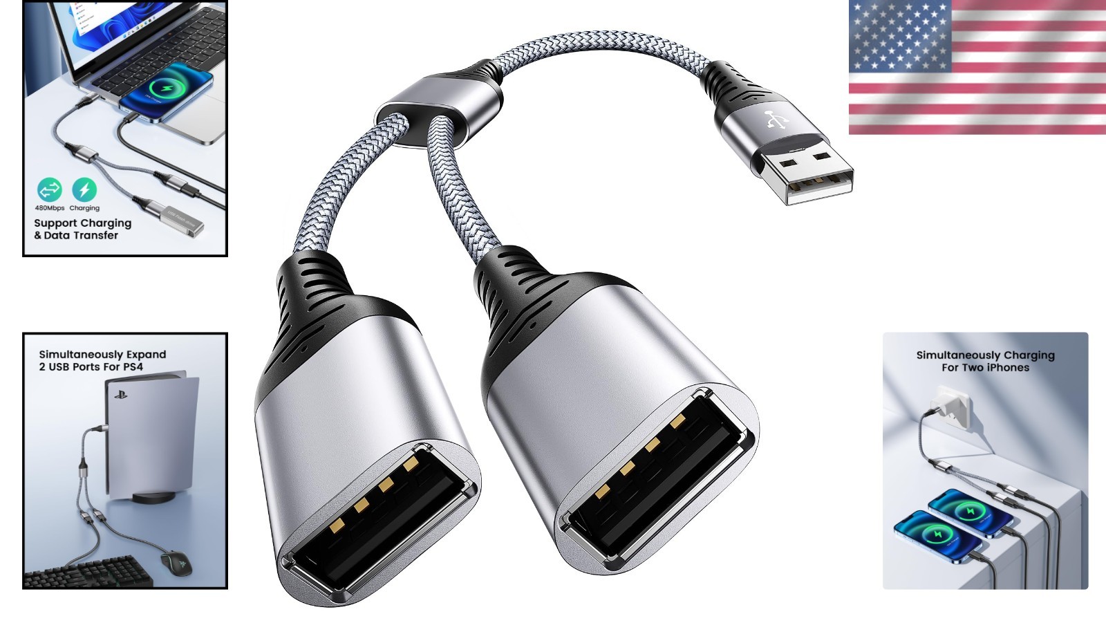 Plug and Play USB 2.0 Y Splitter for Dual Charging – Ideal for Home or Travel