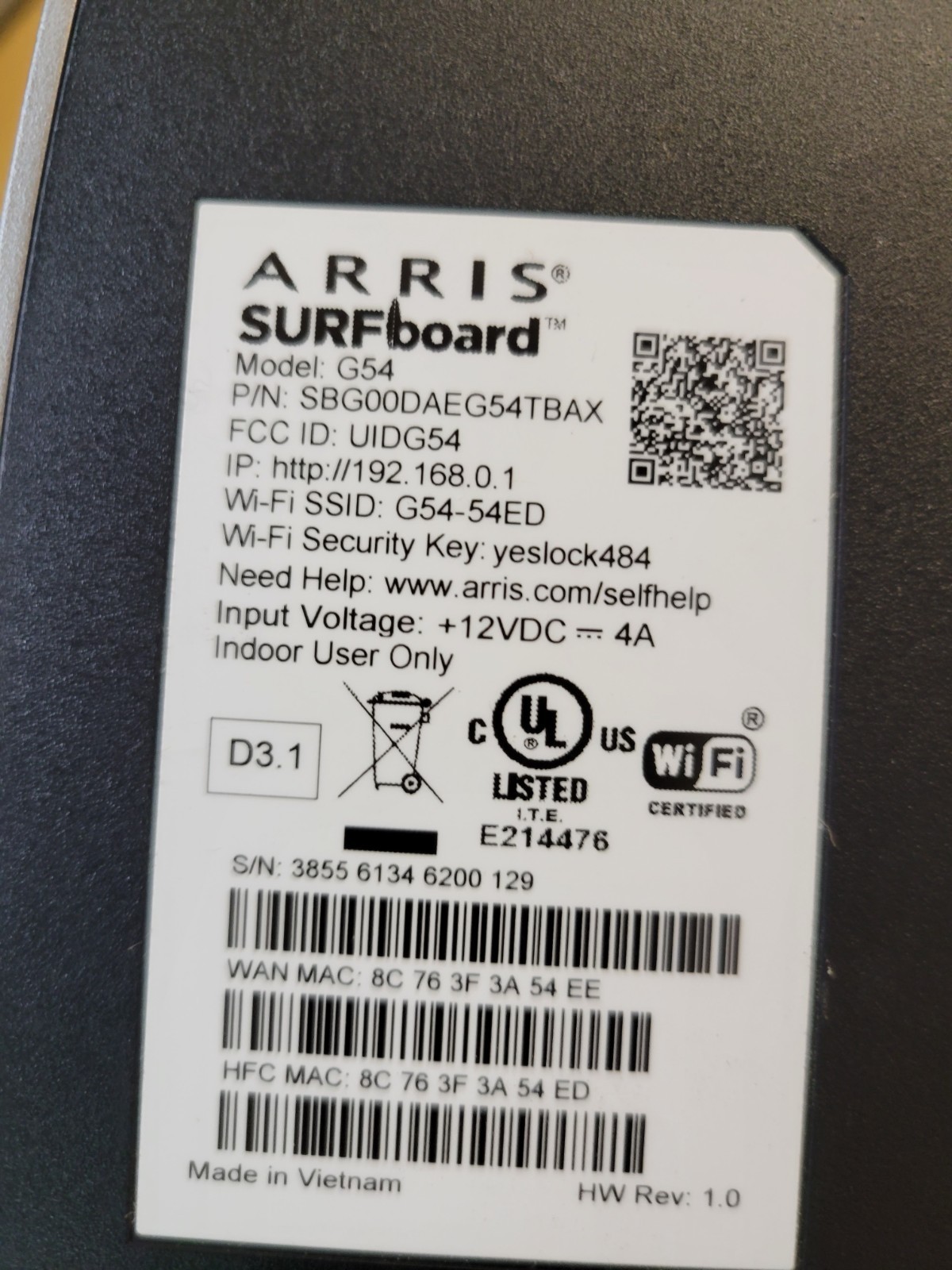 Arris Surfboard G54 Quad-Band Wi-Fi 7 Cable Modern & Wi-Fi Router Combo D3.1