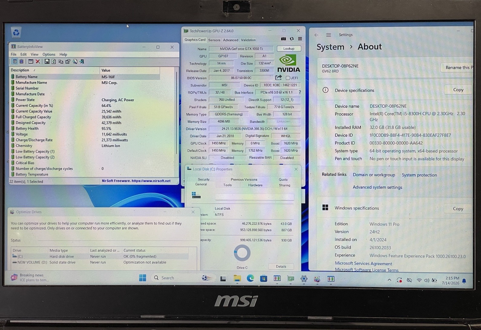 MSI GV62 8RD 15.6″ i5-8300H@2.30GHz 32GB GTX1050Ti 1TB+13GB SSD Win11 *READ*