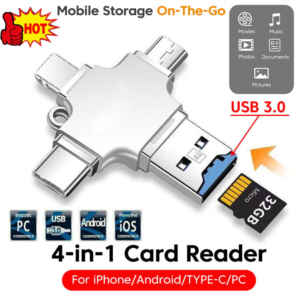 4 In 1 iOS Micro USB Type-C Micro TF Card Reader OTG for Android iPhone PC New🎯
