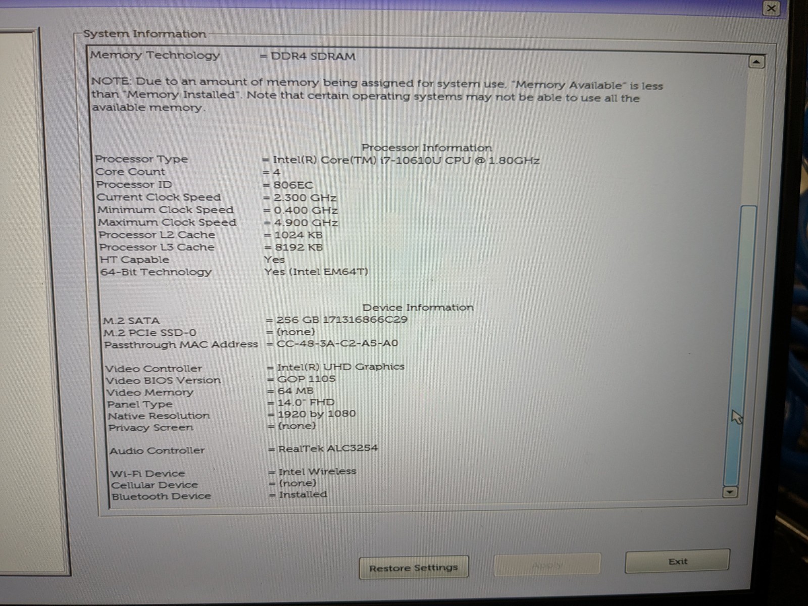 DELL LATITUDE 7410, Intel Core i7-10610U, 1.80 GHz, 16 GB RAM, 256 GB M.2