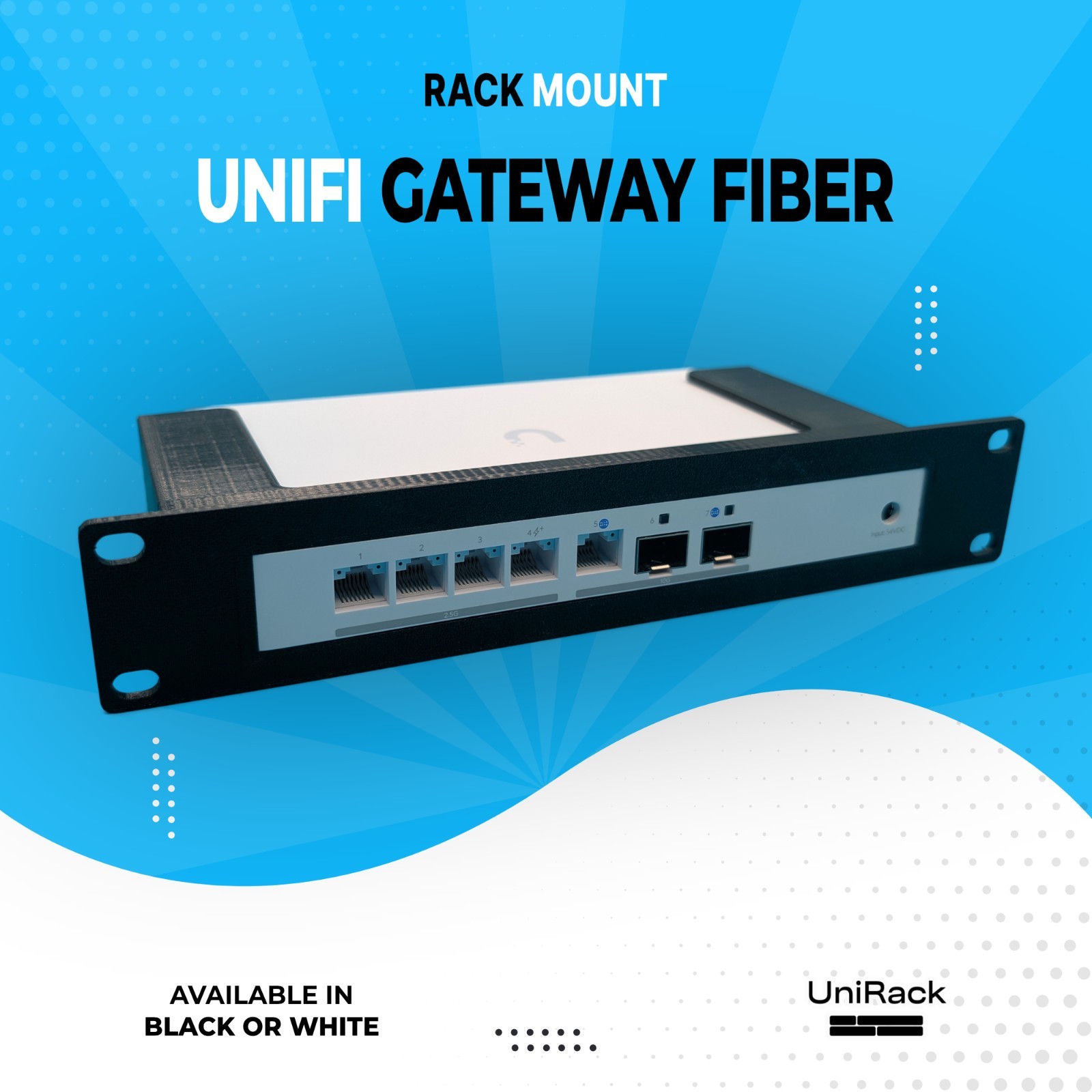 10″ Rack Mount for UniFi Gateway Fiber – Black or White PETG
