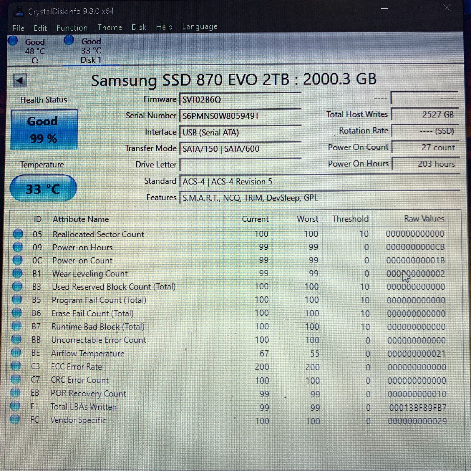 Samsung 870 EVO 2TB 2.5″ SATA III Internal SSD MZ-77E2T0 99-100% Health