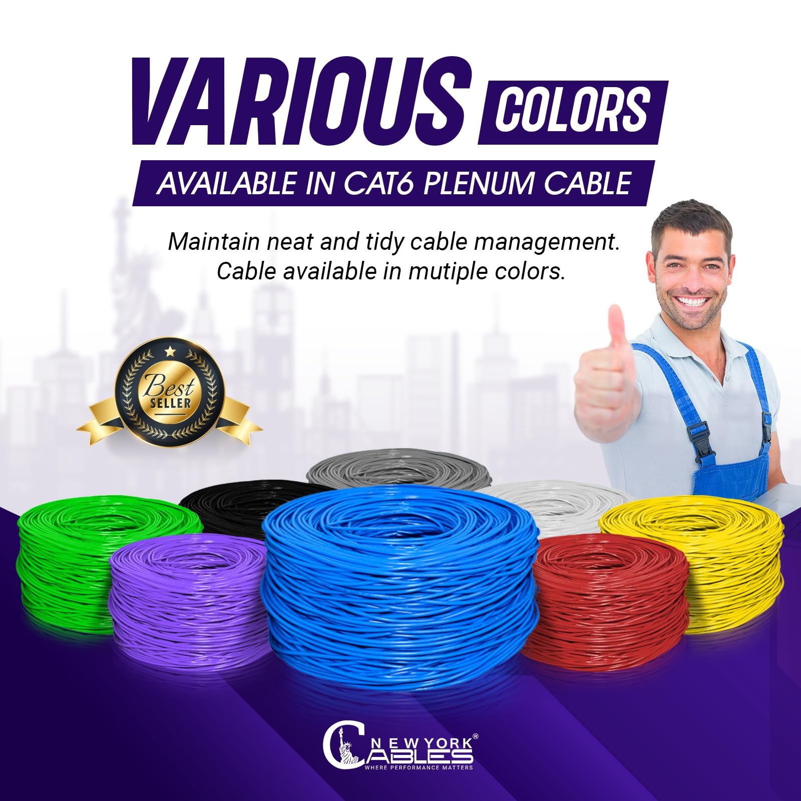 Newyork Cables | CAT6 Plenum Cable 1000ft | 23AWG, UTP 4Pairs, 1000 FT, Blue