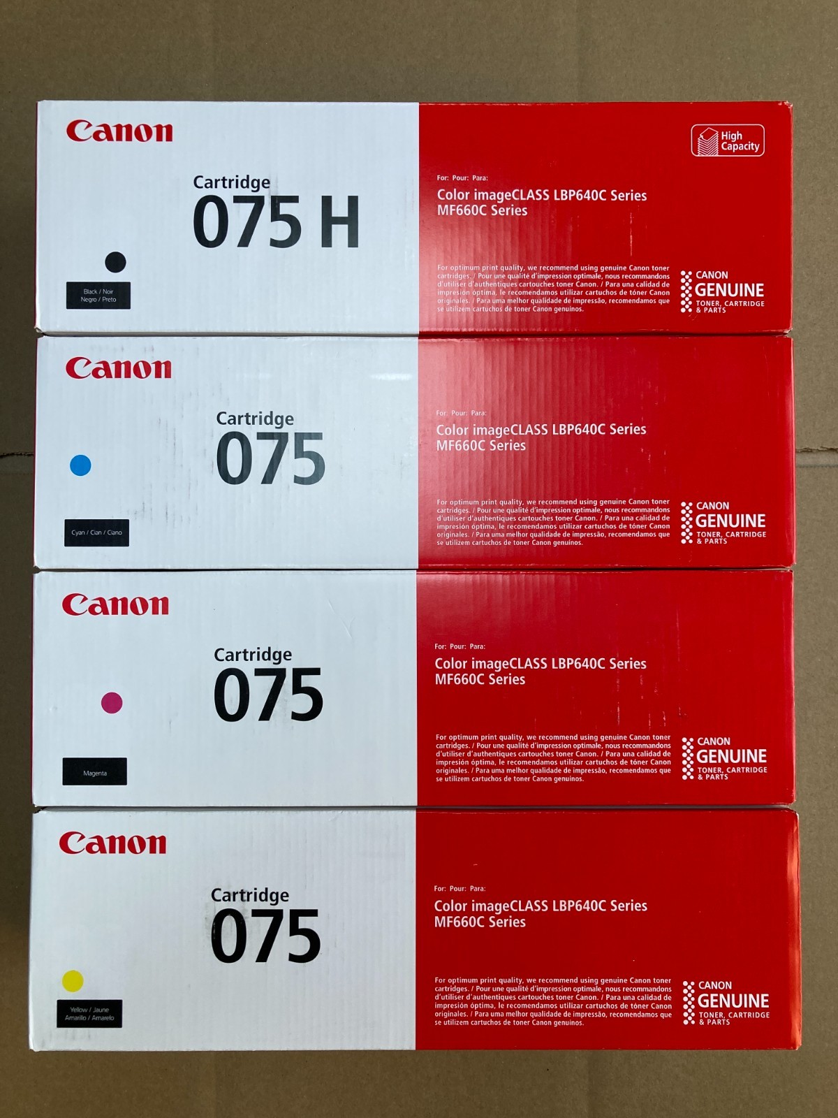 Canon 075 H Black High Yield, 075 Cyan/Magenta/Yellow Standard Yield Toner Set