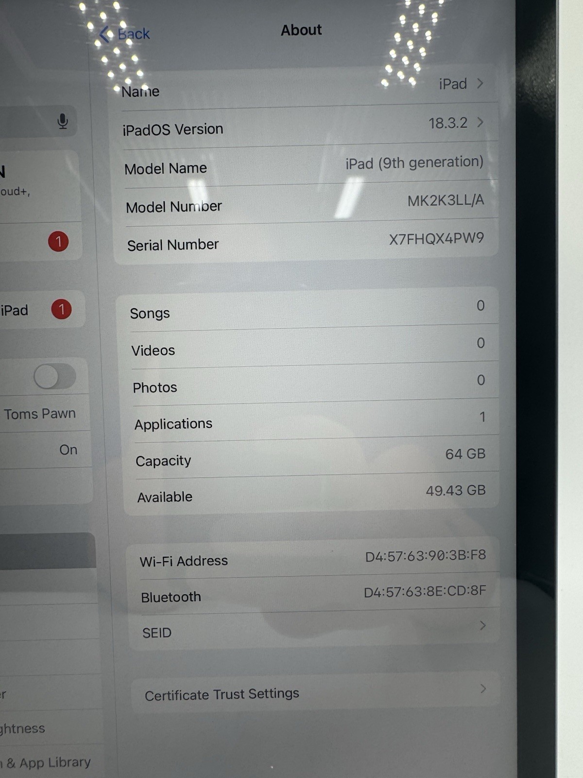 Apple iPad 9th Generation A2602/MK2K3LL/A – 64GB – 4GB RAM – iPadOS 18.3.26