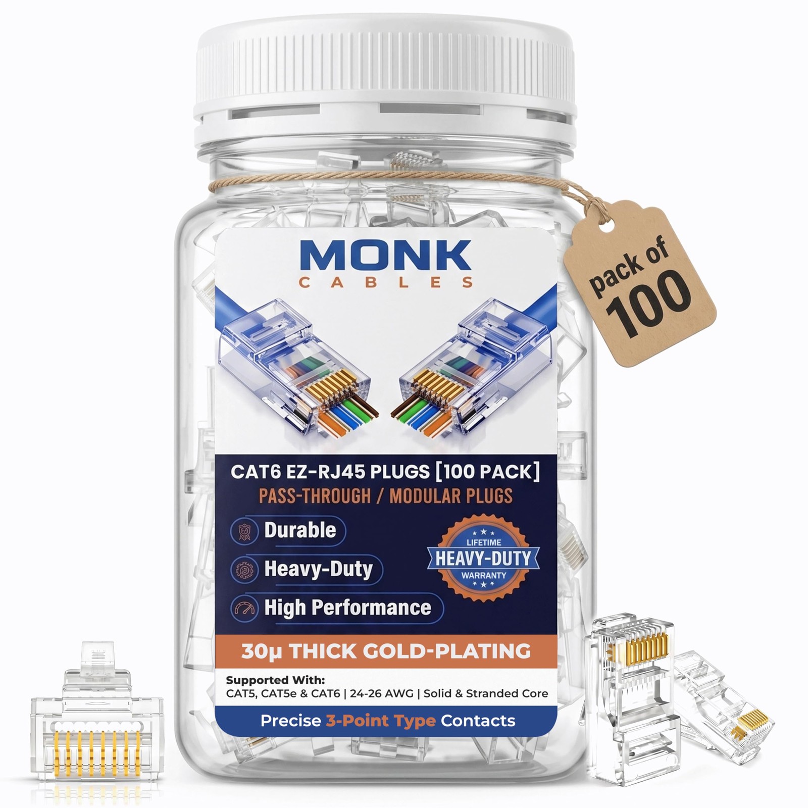 MONK CABLES | Heavy-Duty RJ45 Connectors | CAT6 | Pass-Through |