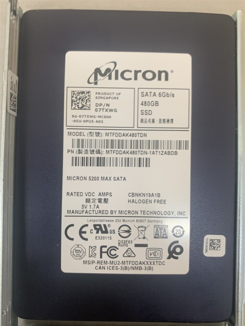 Micron MTFDDAK480TDN 5200 Max SATA 2.5″ 480GB Internal SSD (Dell P/N: 07TXWG)