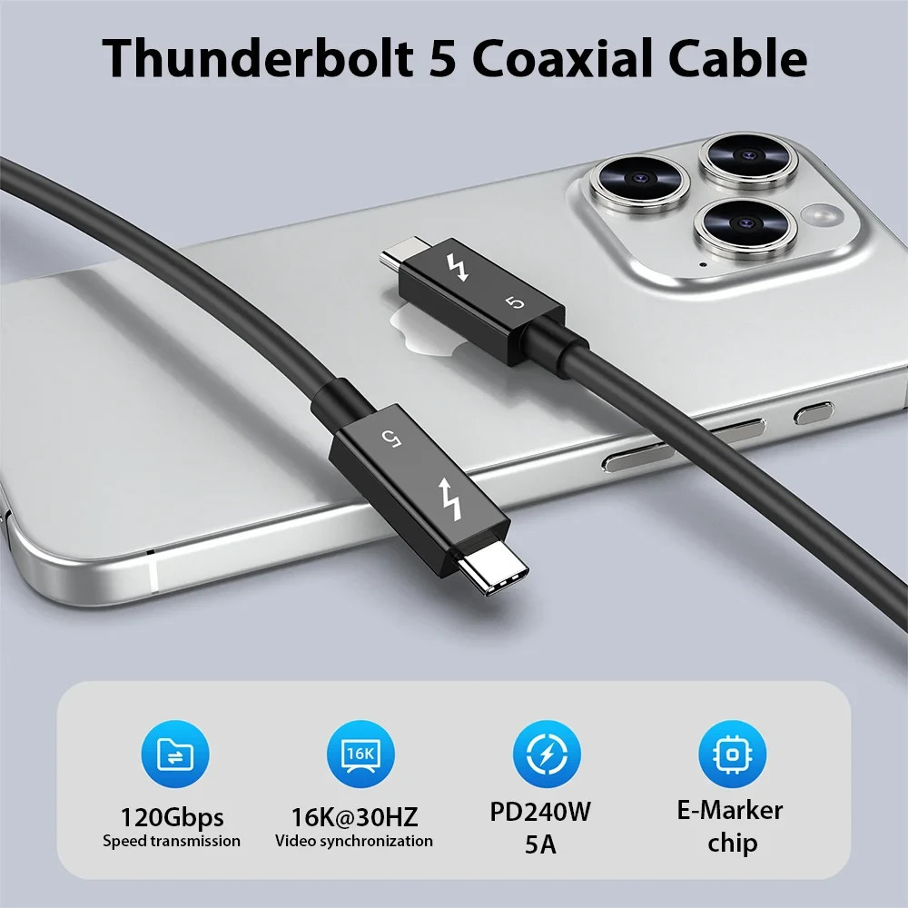 Thunderbolt 5 USB-C Cable 80Gbps 240W PD Fast Charge 16K UHD for MacBook/SSD