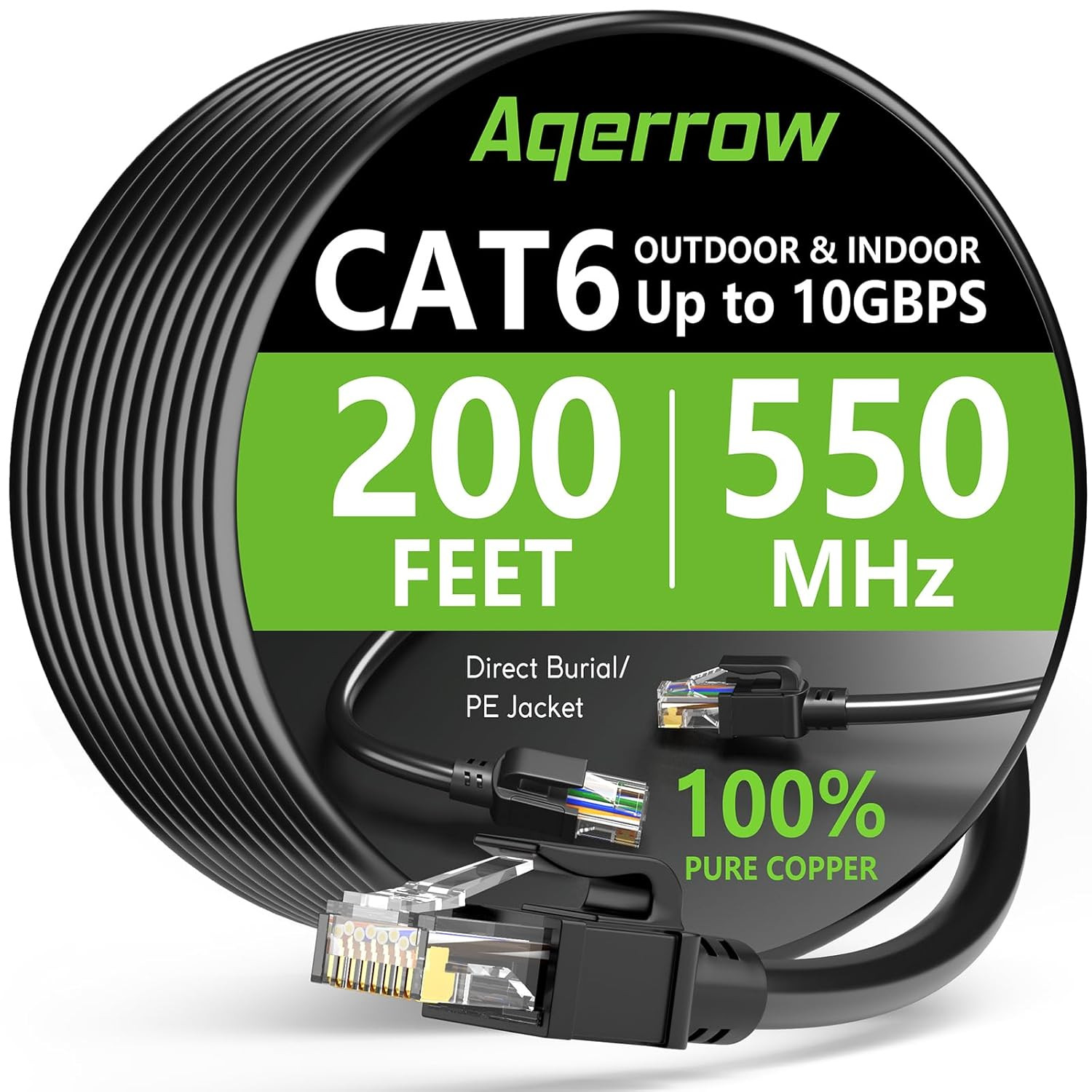 Cat6 Ethernet Cable 200FT, Outdoor Direct Burial Cat 6 Cable 24AWG High